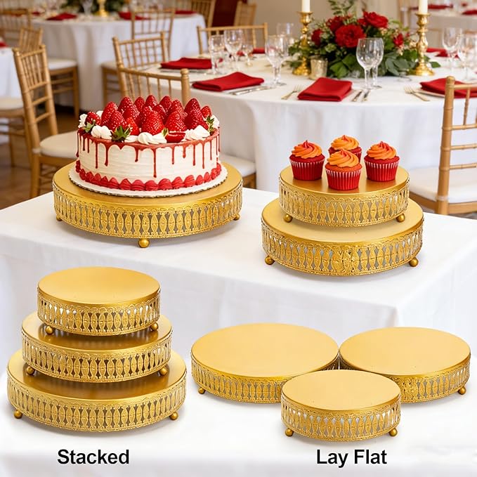 Goaste 3 Pack Metal Gold Cake Stand, 8"/10"/12" Round Cake Stands Set, Dessert Cupcake Display Stand Plate, Metal Display Risers for Pastry, Wedding, Birthday, Party, Anniversary, Table Decor, Events