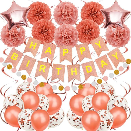 Birthday Decoration, Happy Birthday Banner, Tissue Paper Pom Poms, Hanging Paper Fan Set and Balloons for All Birthday Party Decorations, Rose Gold
