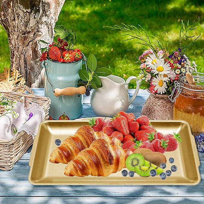 3Pcs 304 Stainless Steel Food Serving Tray, 12.6" Rectangular Serving Platters Multipurpose for Kitchen,Party Organizer Tray for Buffet Brushed Nickel (Gold)