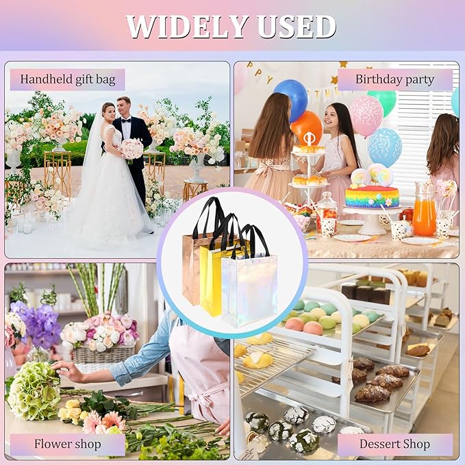 30pcs High-grade Gift Bags Medium with Handles-Mix Color(10xGolden Rose,Golden Yellow,Iridescent),Reusable Gift bags,Bulk Gift Bags with Handles,Party Favor bags,Ideal for Wedding,Birthday(8X4X10)