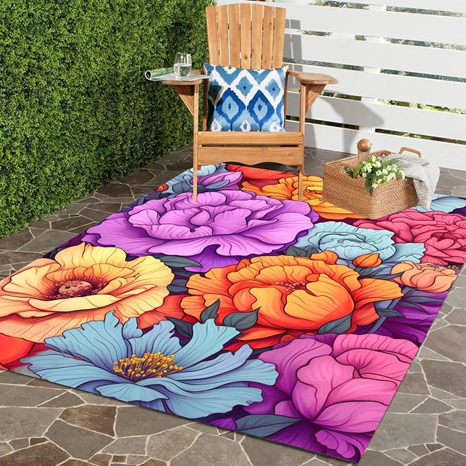 Easy Clean Floral Outdoor Rug 9x12 Yellow Purple Machine Washable Area Rugs for Patio Balcony Camping Pool Garden Non Slip Waterproof Outside Carpet Vibrant Low Pile Porch Mat