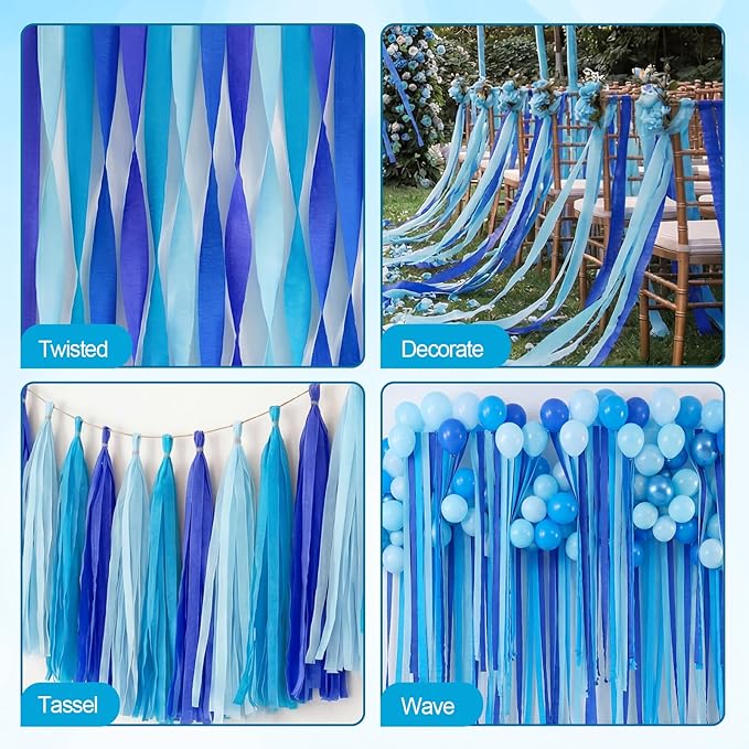 Blue Crepe Paper Streamers 9 Rolls 738ft, Blue Streamers Party Decorations for Party Baby Shower Gender Reveal Birthday Wedding Graduation Decor,1.77 Inch x 82 Ft/Roll