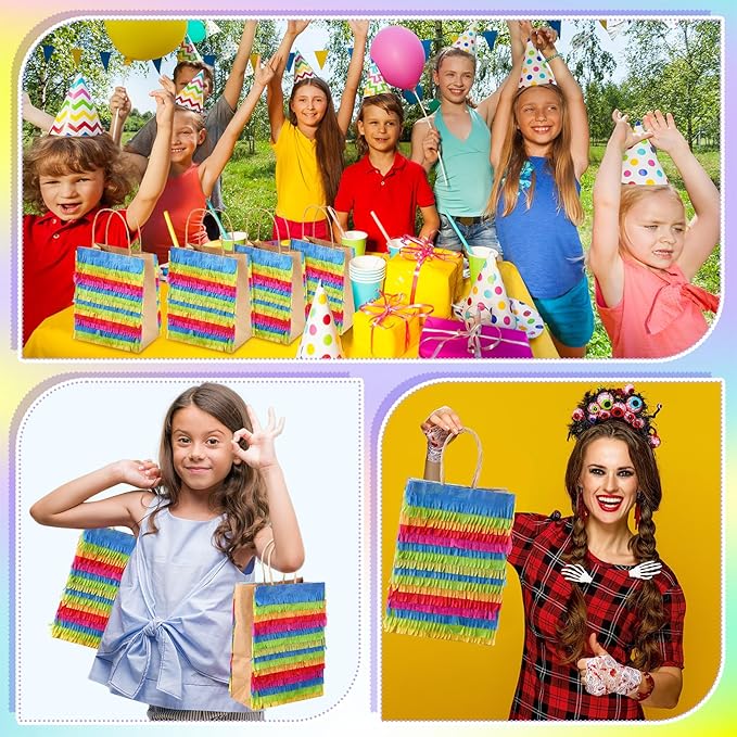 Geyoga 24 Pcs Fiesta Favor Bags Fringe-cut Piñata Mexican Fiesta Paper wrapping with Handles Mexican Party Favor Goodie Treat Bags for Mexico Summer Birthday Party Supplies