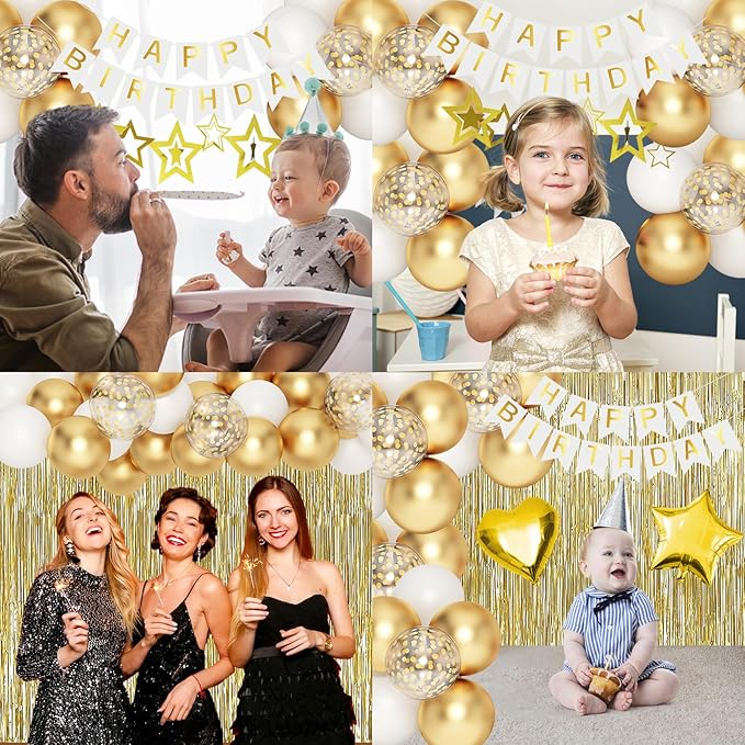 Gold Birthday Decorations, White and Gold Balloons Party Decorations Set, Golden Happy Birthday Banner Fringe Curtain Party Decorations for Kids Women Men Girls Golden Birthdays Party Supplies