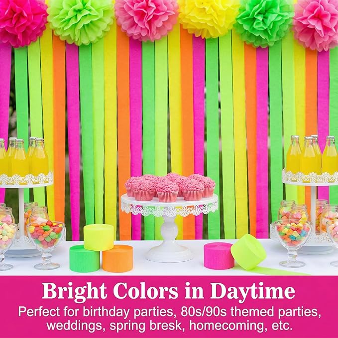 MAQIHAN 656feet Neon Streamers - 8 Rolls Black Light Reactive Fluorescent Crepe Paper Streamers, Neon Party Decorations Glow in The Dark Party Supplies for 80 90s Glow Parties Birthday Helloween Decor