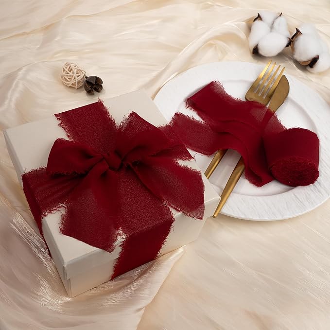 Chiffon Ribbon, Burgundy Silk 1.5''x21Yd Handmade Frayed Fringe Ribbons for Wrapping, DIY Bows, Invitations, Bridal Bouquets, Crafts, Birthday, Wedding, Engagement, Christmas Party, 3 Rolls