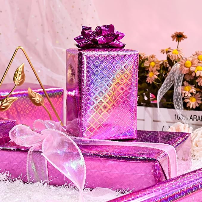 Burymento Pink Wrapping Paper Roll, Metallic Holographic Diamond Gift Wrap for Birthday, Valentines, Mothers day, Graduation, Wedding, Fathers day, Baby Shower, Christmas (17 IN x 32.8 FT)