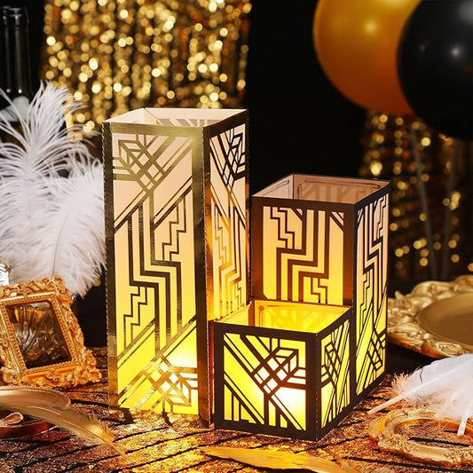 Rossesay 24 Pcs Roaring 1920's Centerpieces for Table 3 Size Speakeasy Black and Gold Party Paper Lantern Boxes for 1920s Birthday Vintage Flapper Wedding Speakeasy Party