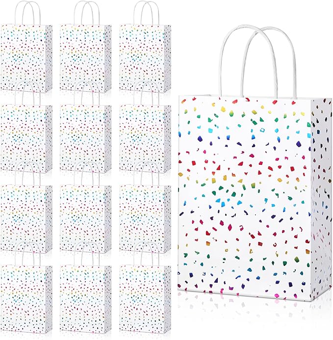 Pasimy 24 Pcs Rainbow Confetti Paper Gift Bags with Handles Rainbow Sparkle Kraft Paper Favor Bags Glitter Tissue Treat for Birthday Wedding Christmas Baby Shower Supplies
