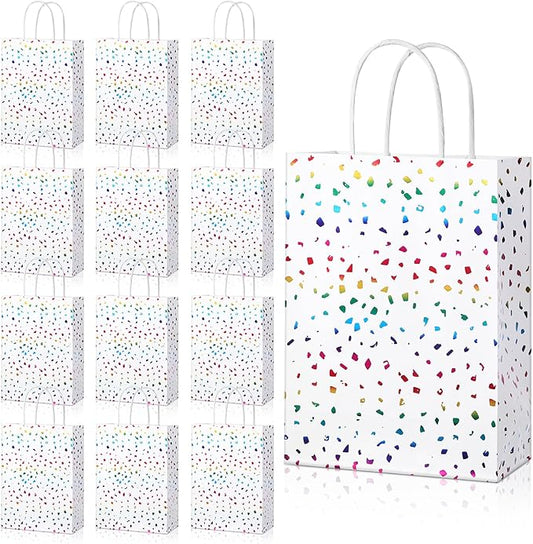Pasimy 24 Pcs Rainbow Confetti Paper Gift Bags with Handles Rainbow Sparkle Kraft Paper Favor Bags Glitter Tissue Treat for Birthday Wedding Christmas Baby Shower Supplies