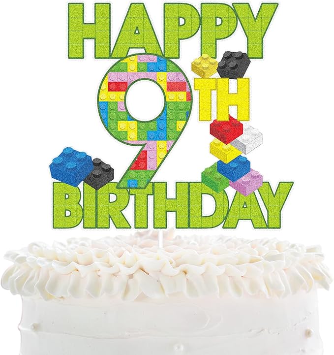 Happy 9th Birthday Building Block Cake Topper - Puzzle Games Boy's 9th Birthday Party Green Cake Topper Supplies - Building Block Party Decoration For Boy