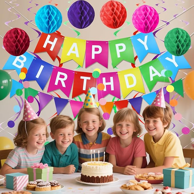 Happy Birthday Banner with Colorful Paper Flag Bunting Paper Circle Confetti Garland Swirl Streamers Honeycomb Ball for kids Party decorations