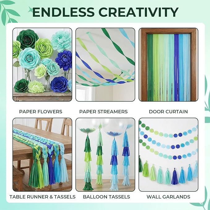 VGOODALL 8 Rolls Teal and Blue Gradient Crepe Paper Streamers - 1.8 in x 118 ft Each - Perfect for Ocean Theme Party, Beach Wedding, Graduation Decorations, and Piñata Making Supplies