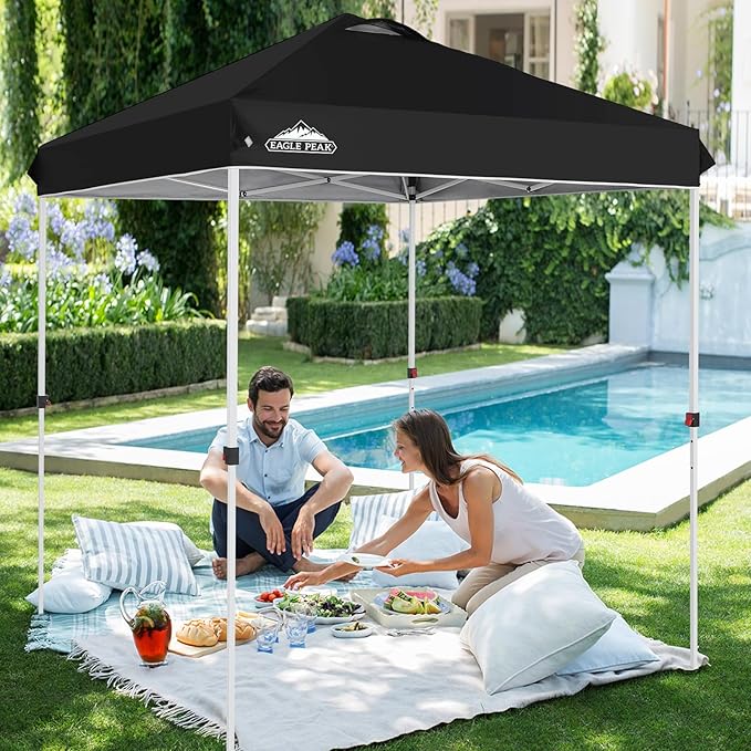 EAGLE PEAK Pop Up Canopy Tent with Wheeled Carry Bag, 8 Stakes, 4 Ropes, Easy Set Up Tent Canopy, 6.6x6.6 ft, Black