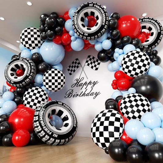 Car Balloon Arch Garland Kit 200pcs, Checkered Wheel Tire Black Red Blue Balloons Arch Kit for Racing Car Two Fast Theme Boy Birthday Anniversary Party Decorations