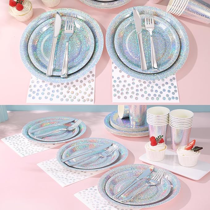 Iridescent Plates Party Supplies-168pcs Iridescent Party Decorations includes Holographic Plates Silver Dot Napkins and Silverware Set for Disco Winter Birthday Party Decorations Serves 24