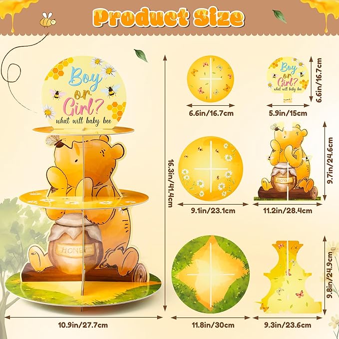 Gender Reveal Cupcake Stand - 3 Tier Boy or Girl Winnie Gender Reveal Party Dessert Holder Winnie Theme Baby Shower Cardboard Cake Stand Party Decorations Winnie Baby Shower Cupcake Display