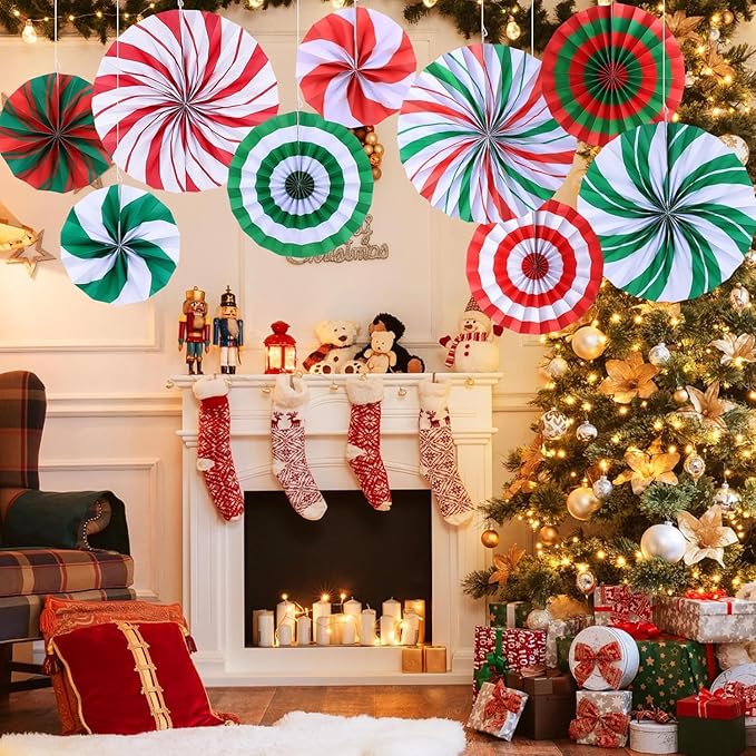 Christmas Hanging Honeycomb Round Colorful Candy Paper Fans Decoration Winter Theme Tissue Paper Fan Garland for Shower Birthday Graduation Wedding Party Supplies 9 Count