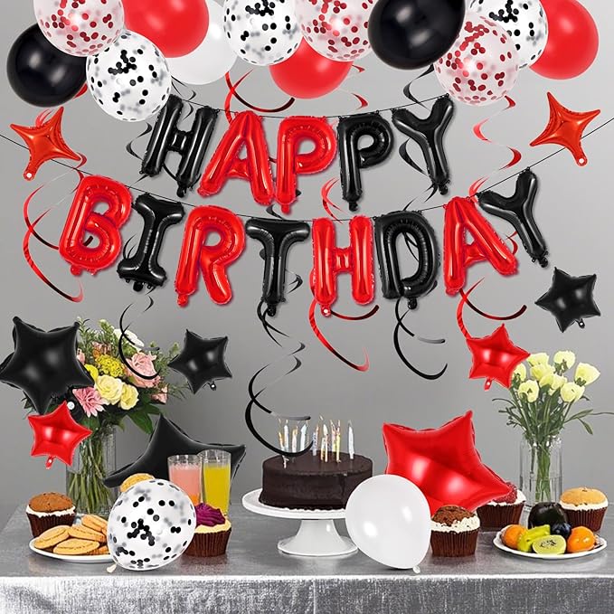 55 Pcs Happy Birthday Balloons Letters Banner with 35 Pcs Star Foil Balloon, 20 Pcs Latex Balloons, 6 Hanging Swirls for Women Men Boys Girls Birthday Party Decorations Set ﻿ (Black and Red)