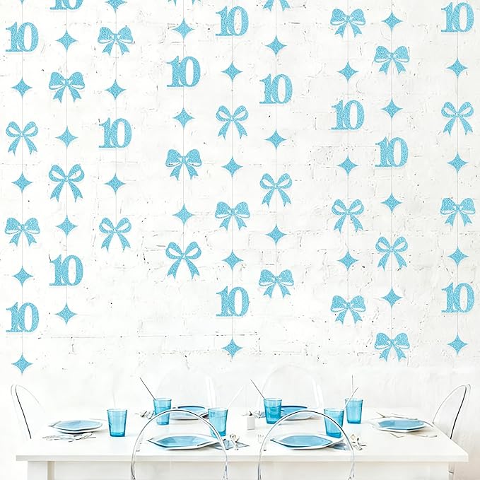 Glitter Blue 10th Bow Birthday Decorations Teal Blue Conquette Bow Garland Streamer Banner Backdrop for Girls Happy 10th Birthday Double Digits I'm 10 Cheers to 10 Years Old Anniversary Party Supplies