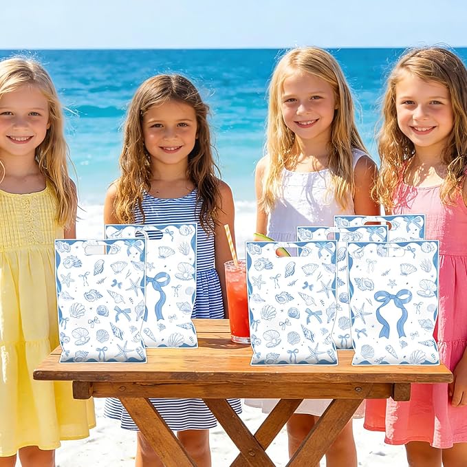 Falueqg Seashell Birthday Party Favors - 50 Pcs Ocean Seashell Beach Goodie Candy Gift Bags Ocean Shell Blue Bow Party Supplies for Summer Wedding Birthday Baby Shower Decorations