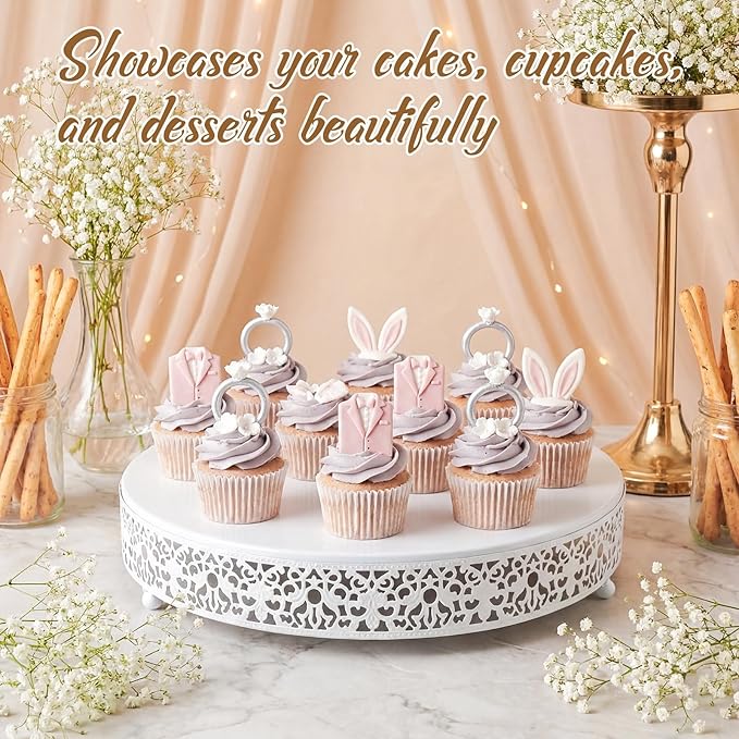Wenqik 14 Inch White Cake Stand Set Metal Round Cupcake Dessert Stand with Cake Cutting, Spatula Wedding Cupcake Pastry Display Candy Holder Display for Wedding Party Birthday Baby Shower(Classic)