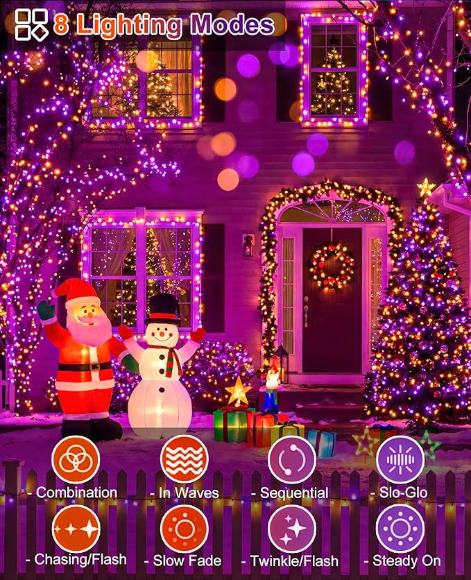 Orange and Purple String Lights Outdoor, 80FT 240 LED Plug in String Lights for Outside Waterproof, 8 Modes Connectable Green Wire Fairy Twinkle Light for Indoor Home Garden Xmas Holiday Decorations
