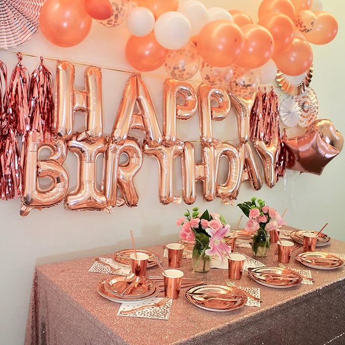 CANREVEL Happy Birthday Banner 13pcs 16 Inch Mylar Foil Letters Sign with 8pcs Star Balloons Birthday Party Decorations for Kids and Adults - 3D Rose Gold