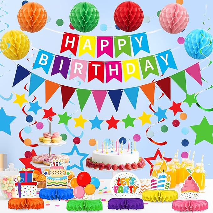 Colorful Happy Birthday Decorations Kit, Happy Birthday Banner Honeycomb Balls Centerpiece Metallic Hanging Swirls Circle Garland for Birthday Party Decorations