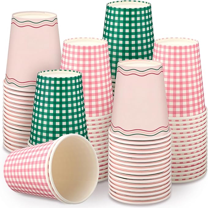 Yungyan 48 Pcs Camp Gingham Disposable Paper Cups Camp Bachelorette Party Supplies 9 oz Pink and Green Plaid Checkered Drinking Cups Picnic Travel Party Favors for Holiday Birthday Bridal Shower