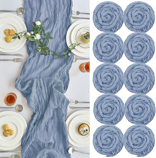 IVAPUPU 10 Pcs Cheesecloth Table Runner - 10ft Dusty Blue Spring Boho Gauze Cheese Cloth Table Runners for Baby Shower Decorations Wedding Party Garden Farmhouse