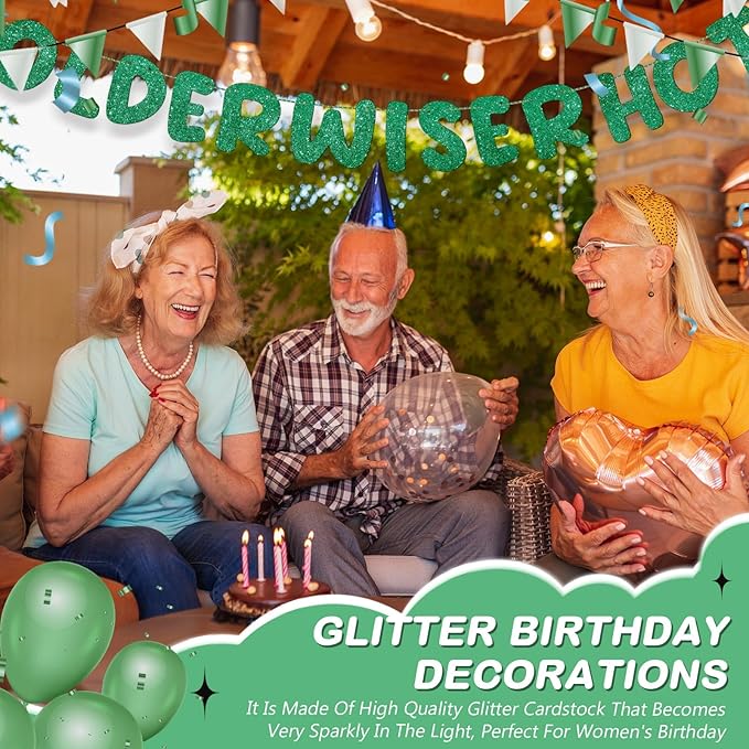 Fulmoon Set of 3 Pre Strung Older Wiser Hotter Glitter Banner Funny Birthday Banner for Women 30th 40th 50th 60th 70th 80th Birthday Party Decorations Sign Gift(Green)
