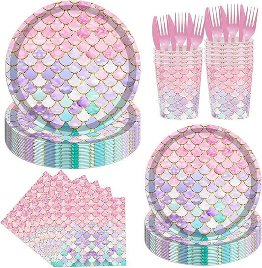 144PCS Mermaid Party Tableware Set Mermaid Birthday Party Supplies Mermaid Plates Napkins Cups Forks Knives Mermaid Party Decorations Birthday Bridal Shower Baby Shower Decorations Serve 24
