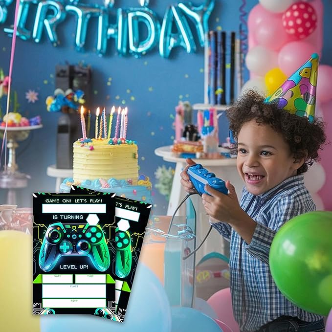 Gaming Themed Birthday Invitations – 20 Invitation Cards 4"x6" with Envelopes.(006)