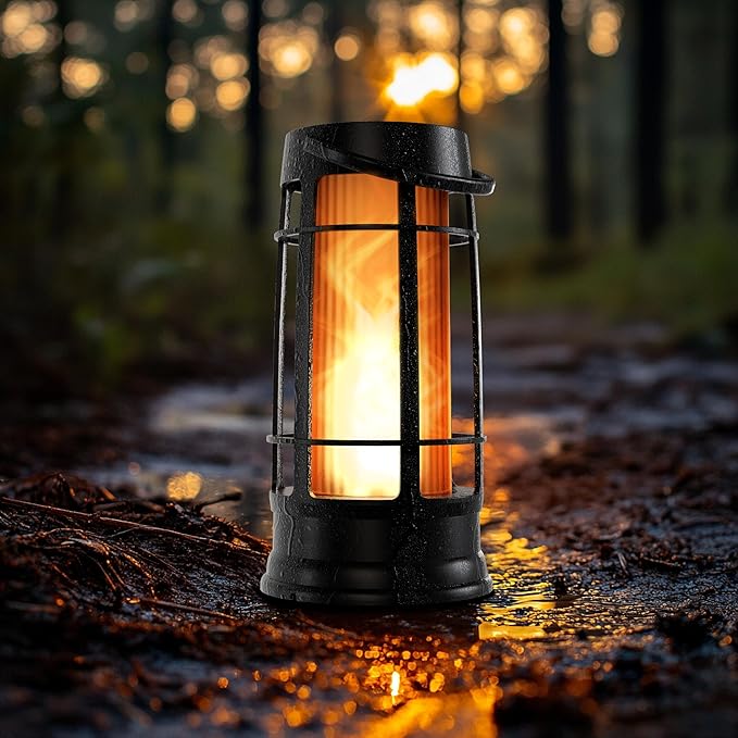 FoxFlame Upgraded Metal Outdoor Solar Lantern, Flickering Solar Lanterns Outdoor Waterproof with Patented LED, Outdoor Lanterns for Porch, Patio, Garden, Tabletop, Hanging Use, Matte Black (1 Pack)