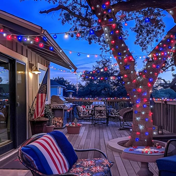 JMEXSUSS 600 LED Red White and Blue Lights Outdoor Plug in, 4th of July Decorations Outdoor Lights for Memorial Day Patriotic American Holiday Tree Party Independence 4th of July Decor