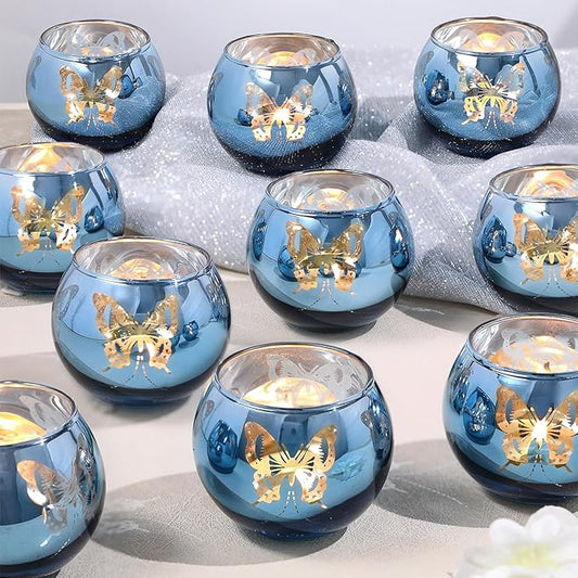 Blue Votive Candle Holders Set, 12 PCS Tea Lights Candle Holder Decorative Bulk with Butterfly Pattern, Candle Holders for Wedding, Blue Bridal Shower, Parties, and Holiday Decorations