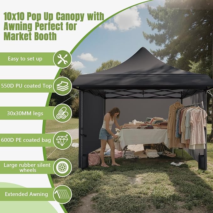 10x10 Pop Up Canopy Tent with Awning and Sidewalls, 550D Commercial Canopy, Waterproof Party Tent with Roller Bag, Black
