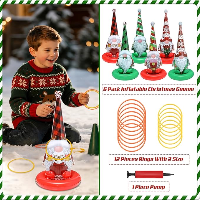 6 Pack Inflatable Christmas Gnome Ring Toss Game,Christmas Party Games for Kids,Adults,Family,Indoor Outdoor Game Garden Toy