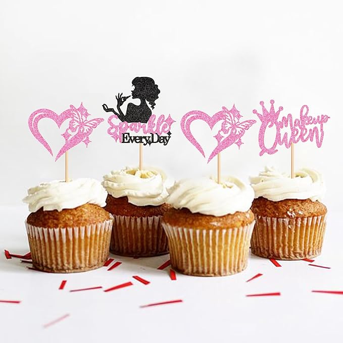 Ercadio 24Pcs Makeup Girl Cupcake Toppers Glitter Pink Makeup Queen Cupcake Picks for Make-up Artist Birthday Cupcake Decorations Fashion Girls Cosmetics Make-up Party Supplies