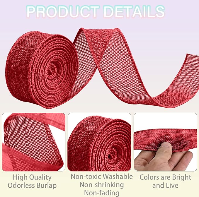 Red Burlap Ribbon 2 inch X 10 Yard Natural Burlap Woven Ribbons DIY Handmade Edging Production Wreath Holiday Decoration Gift Ribbon for Gift Wrapping Jute Linen Red Ribbons