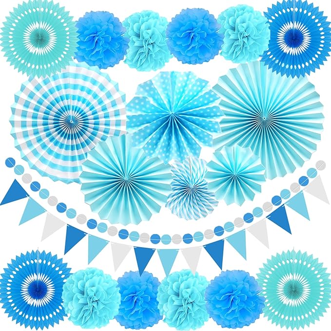 LRCXL Blue Party Decoration, 21Pcs Blue Hanging Paper Fans, Paper Pom Poms Flowers, Pennant, Garland String, Banner for Boy Birthday, Bridal Shower, Baby Boy Showers, Wedding