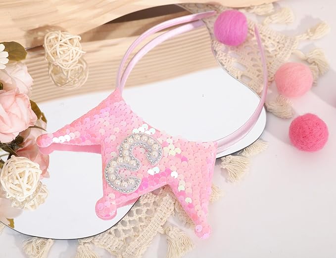 One Pc Pink 3rd Birthday Crown Headband - Pink Glitter Third Birthday Party Hair Accessories, Pearl Birthday Crown Headband