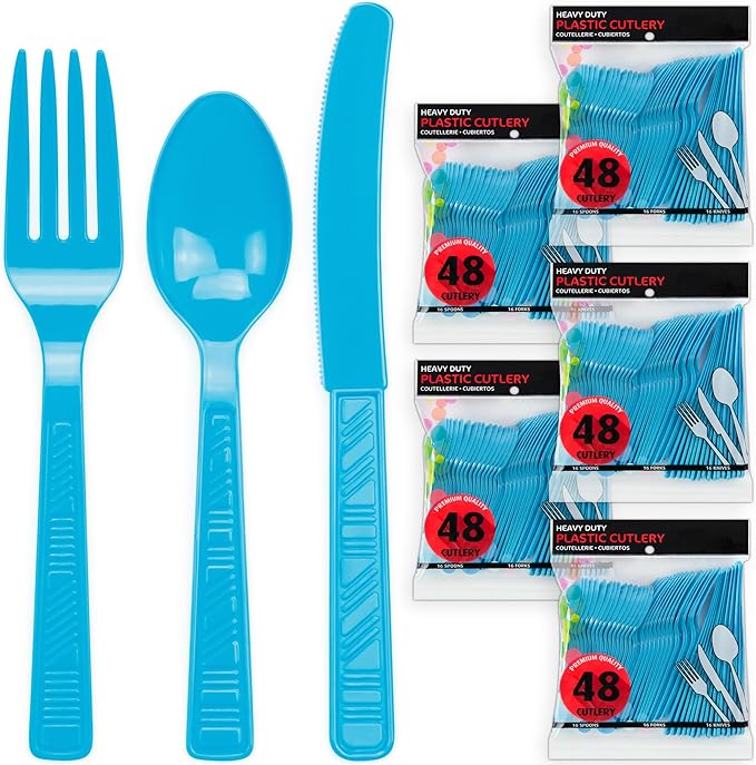 DecorRack Plastic Cutlery Set, Turquoise Colored Plastic Silverware Sets for Parties, 240 Piece Bulk Heavy Duty Utensils (Turquoise, 240 Pieces)