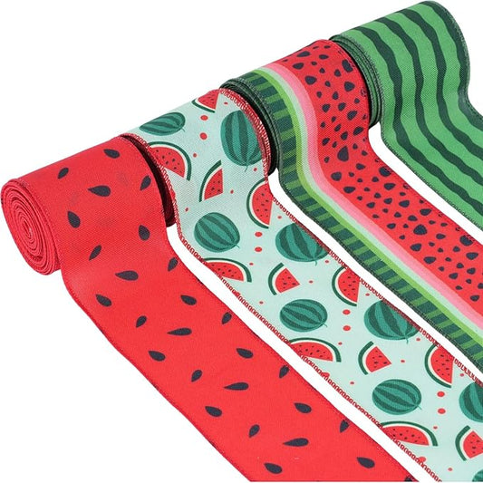 4 Rolls Watermelon Ribbon 20 Yards 2.5 Inch Summer Wired Edge Burlap Craft Ribbons for Wreath DIY Gift Wrapping Party Baby Shower Bow Decoration