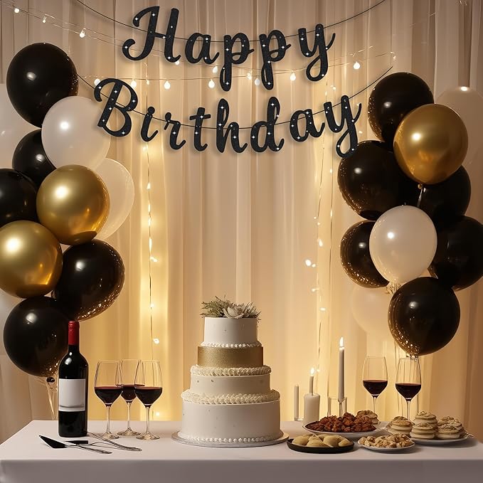 Black Happy Birthday Banner Signs Glitter Happy Birthday Sign Garlands for Women Men Birthday Party Decorations Supplies