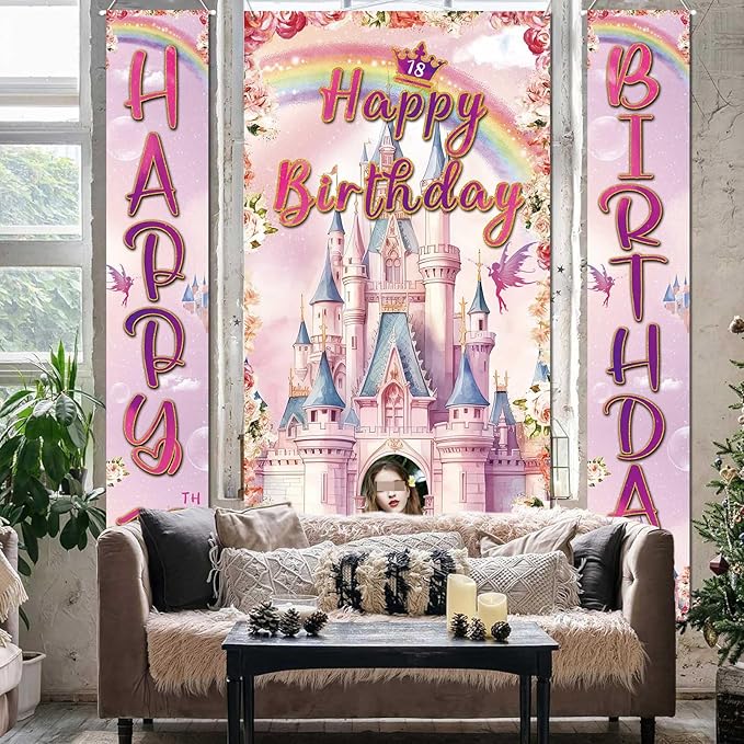 Custom Photo Birthday Banner Set Personalized Door Banners Polyster Backdrop Party Decorations Supplies Background for Birthday Newborn Baby Shower Celebration(Castle)