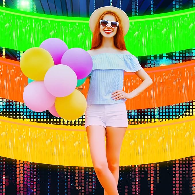Tegeme 4 Packs 40 Feet Glow in The Dark Foil Fringe Garland Tinsel Streamers Neon Party Supplies Curtains Photo Booth Prop Backdrop Streamer for Holiday Neon Party Decorations