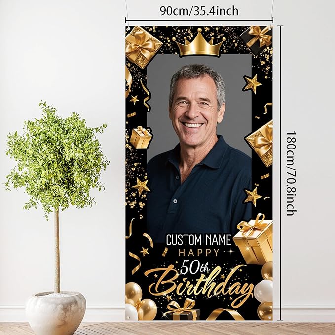Dicodes Personalized Happy Birthday Door Banner Custom Photo Birthday Photography Background Decorations Party Supplies for Women Men (Black and Gold)
