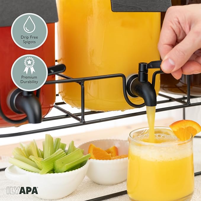 Ilyapa Glass Drink Dispenser for Parties - 3 Pack, 1 Gallon Triple Beverage Multi Drink Dispenser with Stand, Wood Tops and Black Stainless Spigots